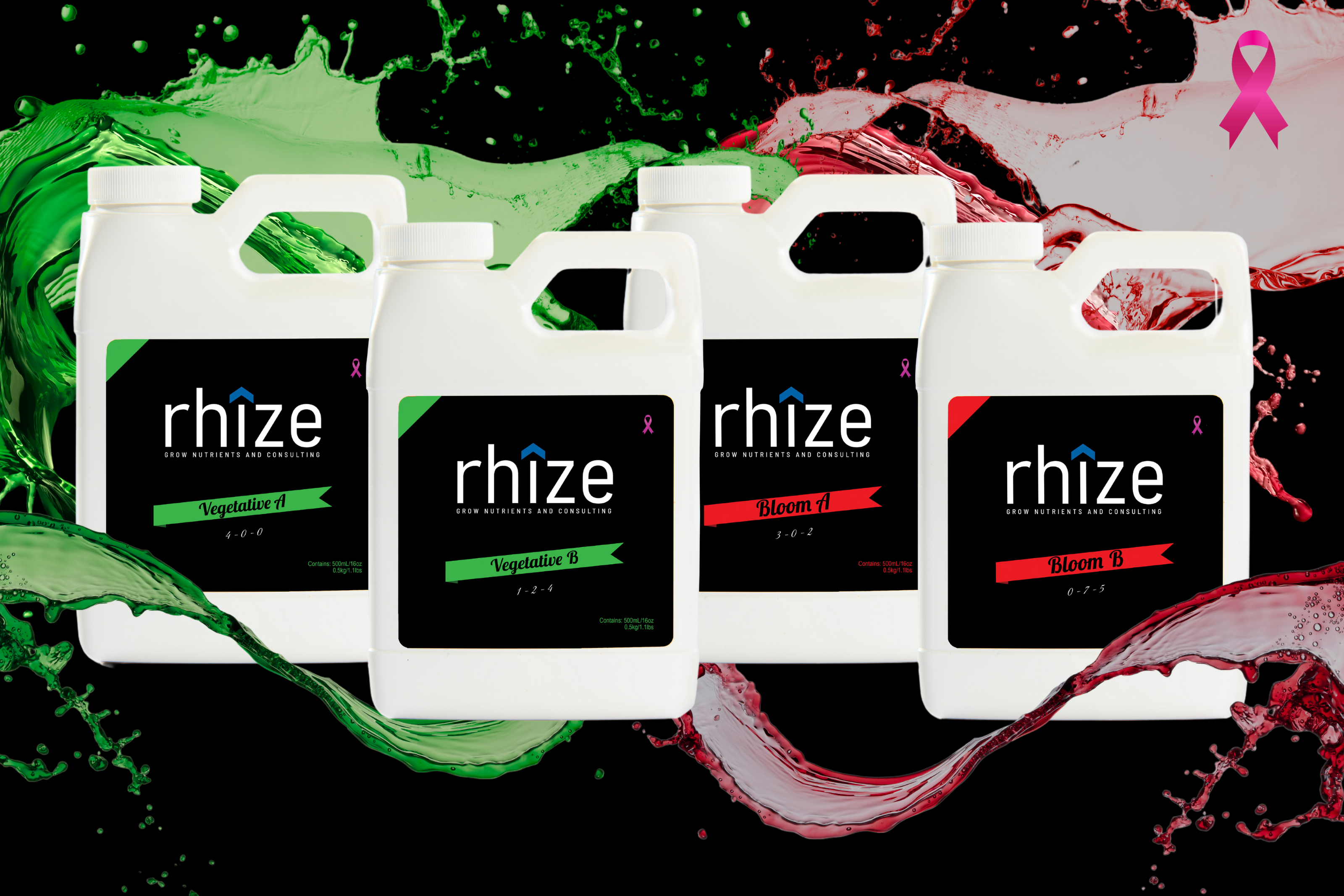 Rhize nutrient products including Vegetative A, Vegetative B, Bloom A, and Bloom B bottles displayed against a dynamic green and red splash background with a small pink breast cancer ribbon symbol for awareness.