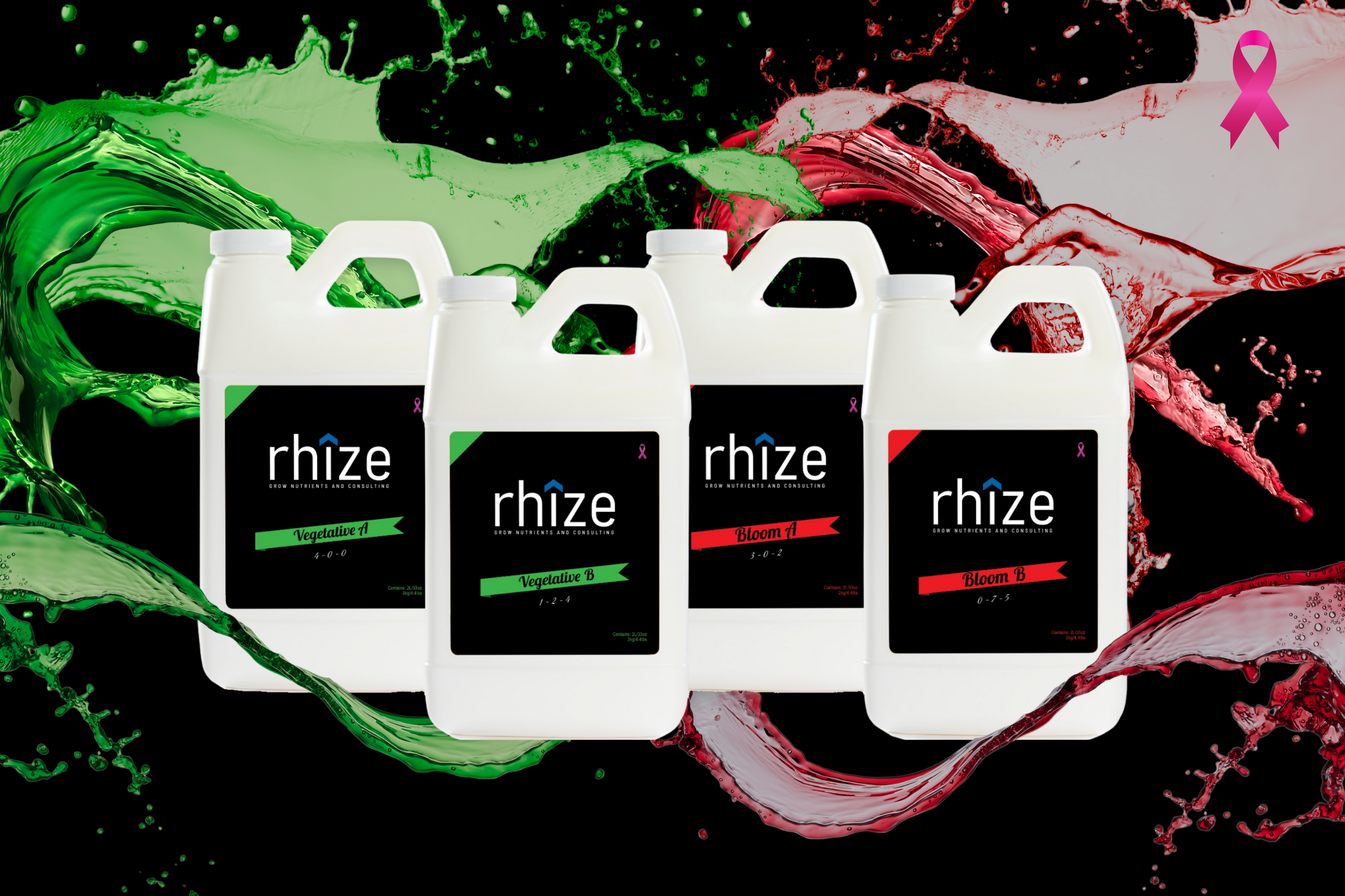 Rhize two-part nutrient set featuring Vegetative and Bloom formulas with vibrant green and red splashes in the background, representing growth and flowering phases.