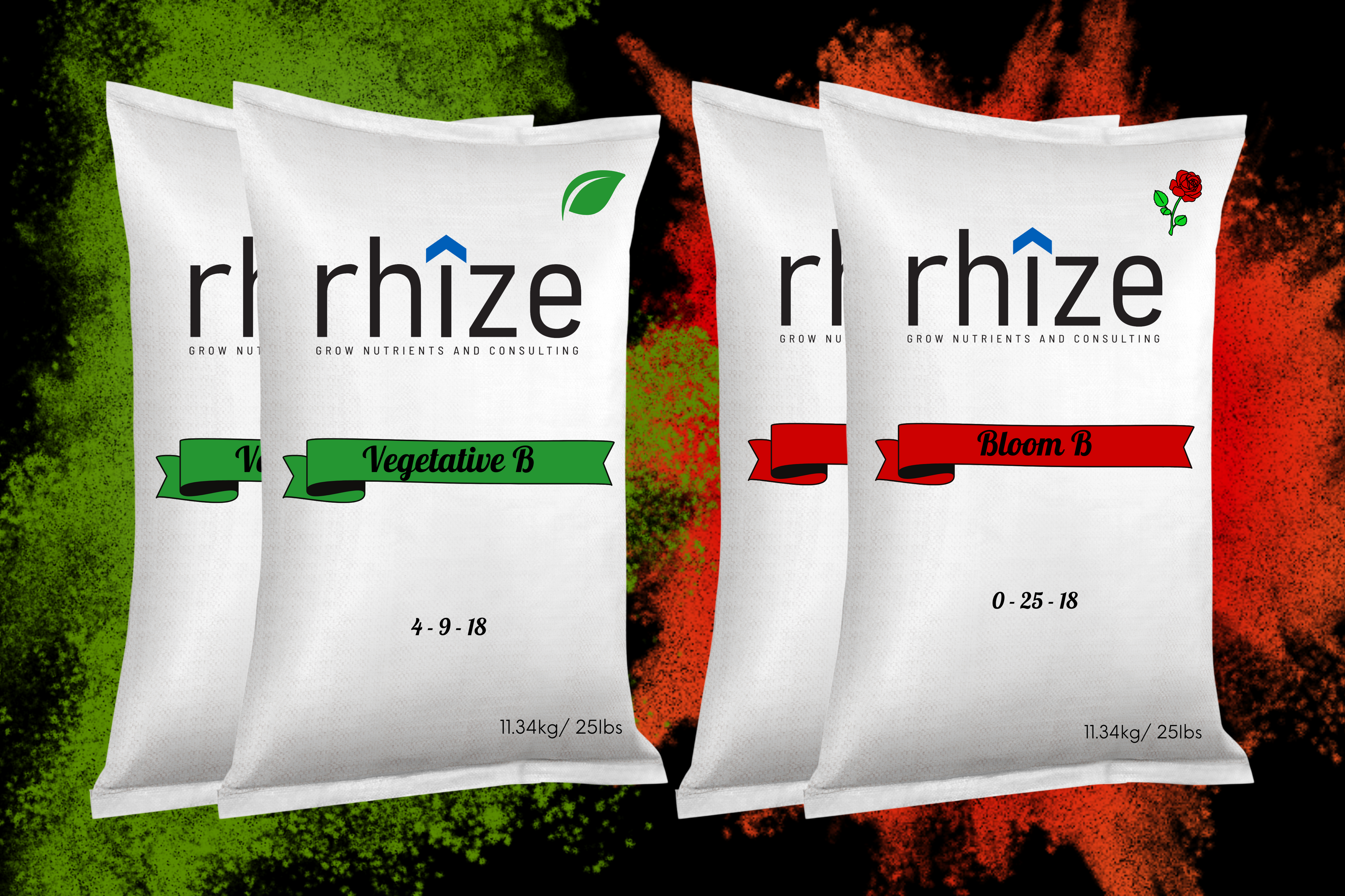 Rhize nutrient bags for vegetative and bloom stages, labeled 'Vegetative B' and 'Bloom B,' with green and red backgrounds symbolizing growth and flowering. Each bag is marked with nutrient ratios and weighs 11.34 kg (25 lbs).