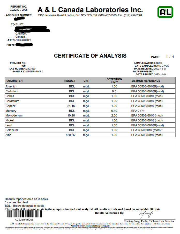 A laboratory report from A & L Canada Laboratories Inc., detailing the heavy metal analysis for Rhize Nutrients. Parameters include measurements for arsenic, cadmium, chromium, copper, mercury, and other elements, with specific result values and detection limits.