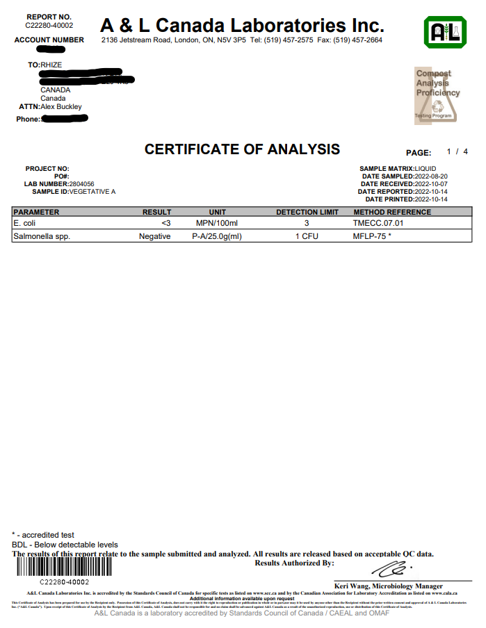 A laboratory certificate from A & L Canada Laboratories Inc., showing results for E. coli and Salmonella spp. testing. The report indicates "Below detectable levels" for E. coli and a "Negative" result for Salmonella spp., ensuring the safety of Rhize Nutrients in terms of these contaminants.