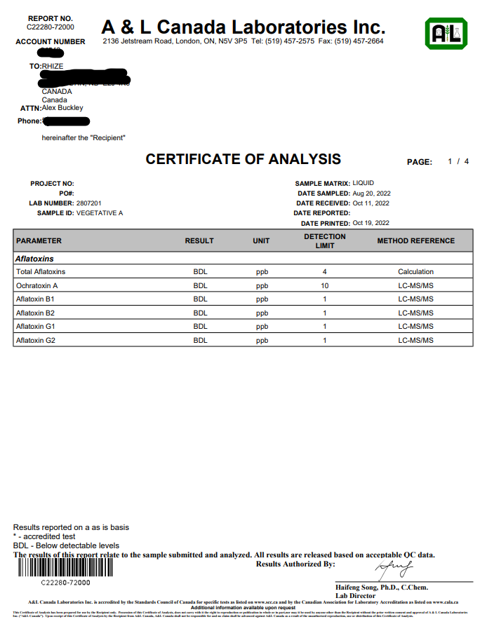 A certificate of analysis from A & L Canada Laboratories Inc., assessing the presence of aflatoxins in Rhize Nutrients. The report lists aflatoxin types B1, B2, G1, and G2, all showing below detectable levels, confirming compliance with safety standards.