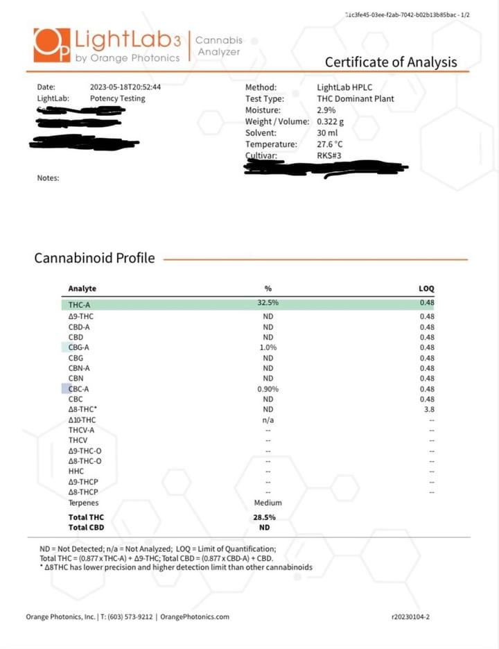 Certificate of Analysis by LightLab3, showing cannabinoid profile for a THC-dominant cannabis plant grown by @weebonic_the_grower. The certificate details the cannabinoid content, including 32.5% THCA and 28.5% total THC, with testing data such as moisture level, weight, and temperature. This analysis follows the use of Rhize nutrients.